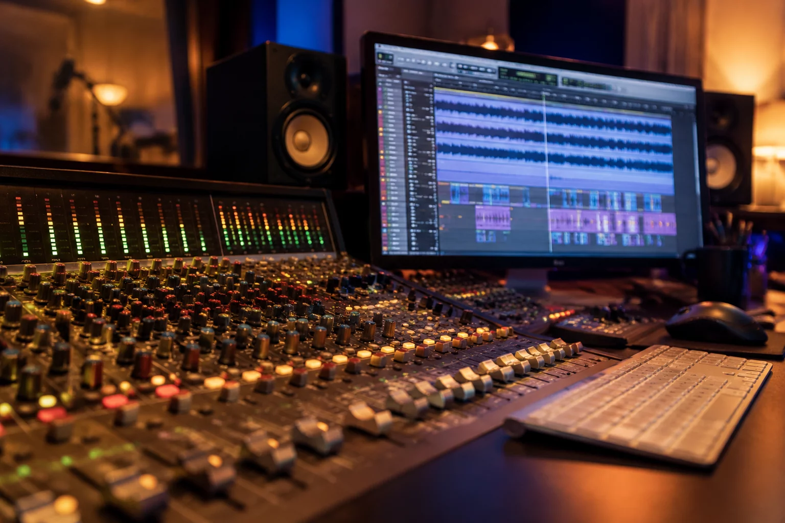 Vocal production mixing console and DAW playlist lane
