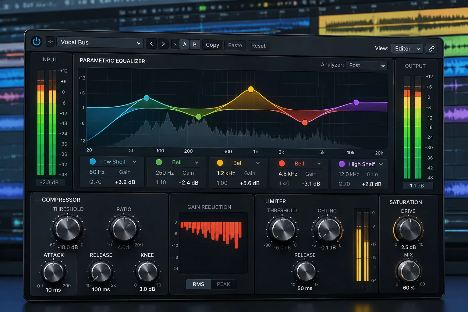 The Vocal Market Chain plugin GUI showing dynamic vocal leveling modules and real-time frequency curves